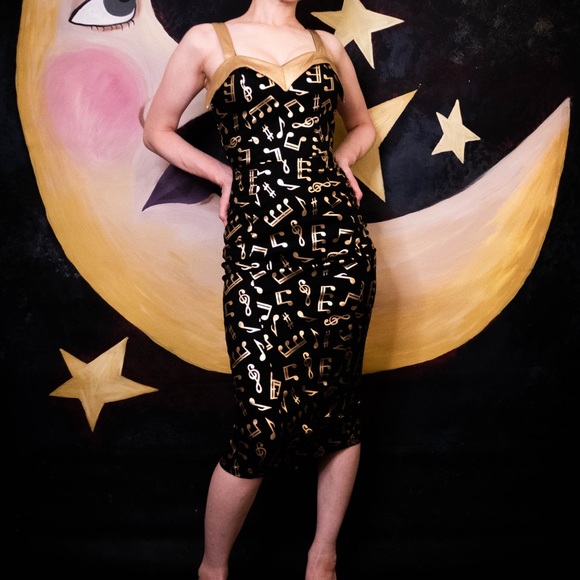 Pinup Couture Gold & Black Music Notes Wiggle Dress. Downtown Dames. - Picture 3 of 7
